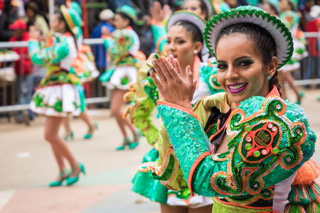 ORURO, BOLIVIA - FEBRUARY 10, 2018: Dancers at Oruro Carnival in Bolivia, declared UNESCO Cultural World Heritag on February 10, 2018 in Oruro, Boliviaのeditorial素材