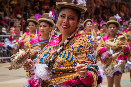 ORURO, BOLIVIA - FEBRUARY 10, 2018: Dancers at Oruro Carnival in Bolivia, declared UNESCO Cultural World Heritag on February 10, 2018 in Oruro, Boliviaのeditorial素材