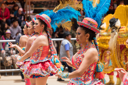 ORURO, BOLIVIA - FEBRUARY 10, 2018: Dancers at Oruro Carnival in Bolivia, declared UNESCO Cultural World Heritag on February 10, 2018 in Oruro, Boliviaのeditorial素材