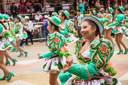 ORURO, BOLIVIA - FEBRUARY 10, 2018: Dancers at Oruro Carnival in Bolivia, declared UNESCO Cultural World Heritag on February 10, 2018 in Oruro, Boliviaのeditorial素材