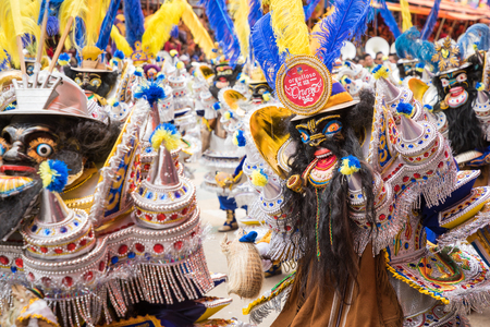 ORURO, BOLIVIA - FEBRUARY 10, 2018: Dancers at Oruro Carnival in Bolivia, declared UNESCO Cultural World Heritag on February 10, 2018 in Oruro, Boliviaのeditorial素材