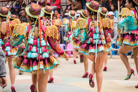 ORURO, BOLIVIA - FEBRUARY 10, 2018: Dancers at Oruro Carnival in Bolivia, declared UNESCO Cultural World Heritag on February 10, 2018 in Oruro, Boliviaのeditorial素材
