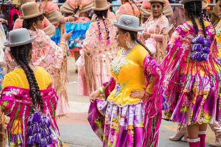 ORURO, BOLIVIA - FEBRUARY 10, 2018: Dancers at Oruro Carnival in Bolivia, declared UNESCO Cultural World Heritag on February 10, 2018 in Oruro, Boliviaのeditorial素材