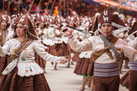ORURO, BOLIVIA - FEBRUARY 10, 2018: Dancers at Oruro Carnival in Bolivia, declared UNESCO Cultural World Heritag on February 10, 2018 in Oruro, Boliviaのeditorial素材