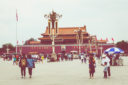 BEIJING, CHINA - 20 MAY 2018: Tianamen square and entrance to the Forbidden City. Square of Heavenly Peace with tourists.のeditorial素材