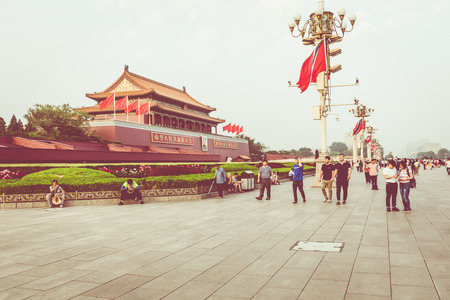 BEIJING, CHINA - 20 MAY 2018: Tianamen square and entrance to the Forbidden City. Square of Heavenly Peace with tourists.のeditorial素材