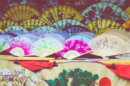 Traditional handicraft chinese fans at market in Yangshuo, China.のeditorial素材