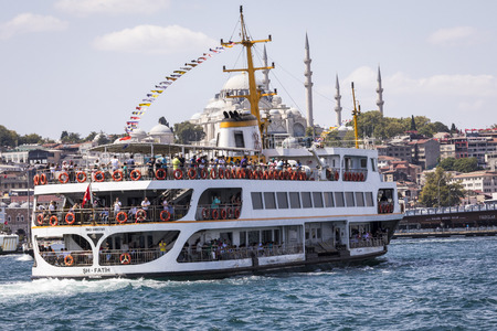 ISTANBUL, TURKEY - AUGUST 20, 2018: Passenger ships in the Gulf of the Golden Horn in Istanbul, Turkey.のeditorial素材