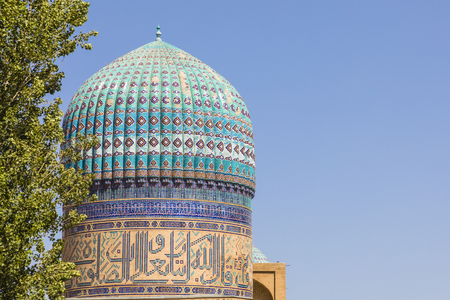Detail of blue mosaic at Bibi-Khanym (Bibi-Xonum) Mosque, Samarkand, Uzbekistanの写真素材