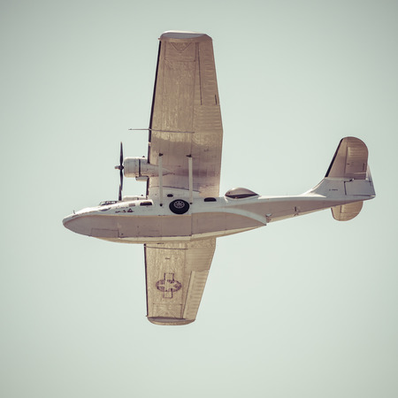GIZYCKO, POLAND - AUGUST 5, 2018: Flight Boat Consolidated PBY Catalina at Air Show Mazury 2018 event at the lake Niegocin in Gizycko. Poland.のeditorial素材