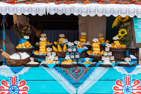 CRAKOW, POLAND - AUGUST 16,2018: Traditional polish smoked cheese oscypek on christmas market in Cracow. Oscypek is made exclusively in Tatra Mountains region of Polandのeditorial素材