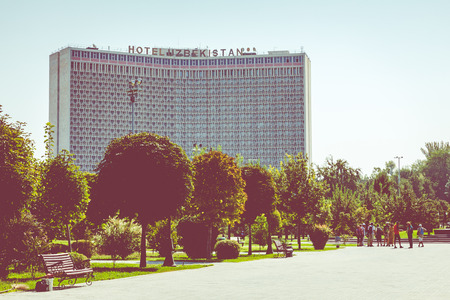 TASHKENT, UZBEKISTAN - AUGUST 22, 2018: Building of Uzbekistan Hotel, the first five star hotel in the city. Tashkent is the capital and largest city of Uzbekistan.のeditorial素材