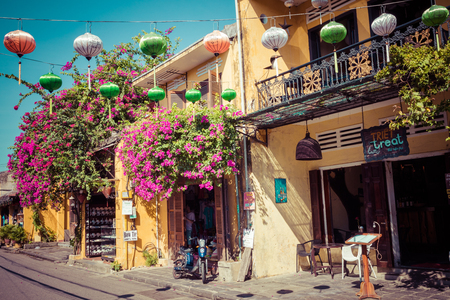 HOI AN, VIETNAM - NOVEMBER 21, 2018: Hoian Ancient town houses. Colourful buildings with festive silk lanterns. UNESCO heritage site. Vietnam.のeditorial素材