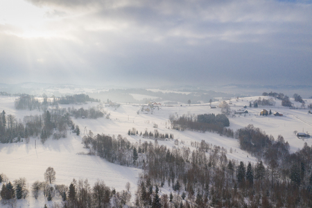 Winter scenery in Silesian Beskids mountains. View from above. Landscape photo captured with drone. Poland, Europe.の写真素材