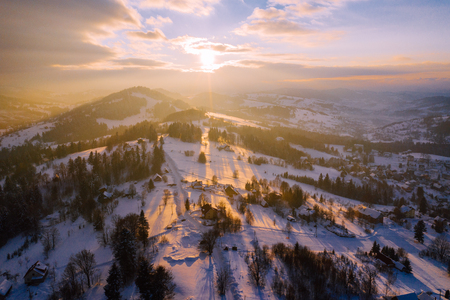 Winter scenery in Silesian Beskids mountains. View from above. Landscape photo captured with drone. Poland, Europe.の写真素材