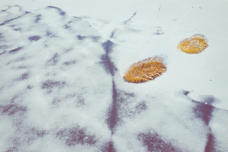 Aerial view of the winter snow covered forest and frozen lake from above captured with a drone.の写真素材