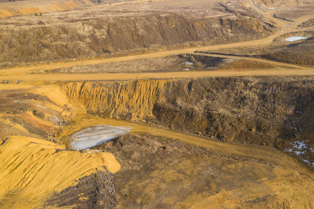 Aerial view of sandpit and factory plant producing sand materials for construction industry. Top...