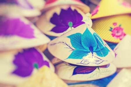Asian Cone Hat Handicraft. Vietnam Style Cone Hat. Selective Focus.の写真素材