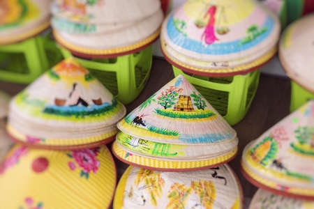 Asian Cone Hat Handicraft. Vietnam Style Cone Hat. Selective Focus.の写真素材