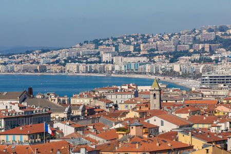 NICE, FRANCE - JUNE 04, 2019: Panoramic view of Nice coastline and beach. Cote d'Azur France. France.のeditorial素材