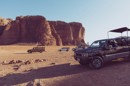 Bedouin's car jeeps and tourists, Wadi Rum desert in Jordan, Middle East.のeditorial素材