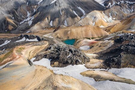 Landmannalaugar National Park - Iceland. Rainbow Mountains. Aerial view of beautiful colorful volcanic mountains. Top view. Picture made by drone from above.の写真素材