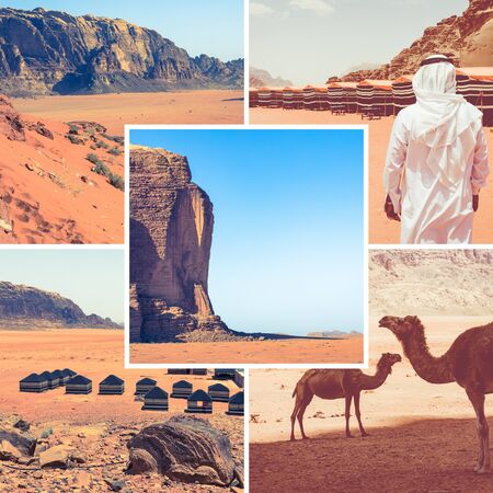 Collage of Wadi Rum Desert - Red Desert ( Jordan ) - travel background (my photos)の写真素材