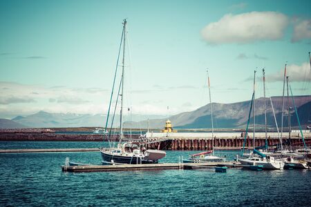 REYKJAVIK, ICELAND - JUNE 09, 2019: Reykjavik Old Harbor. Motorboats, yachts and small fishing ships.のeditorial素材