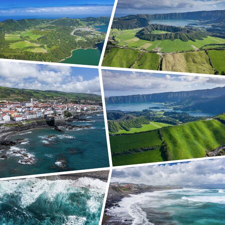 Collage of popular tourist destinations in Azores Islands. Portugal. Travel background. Aerial view.の写真素材