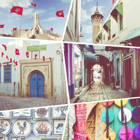 Collage of popular tourist destinations in Tunisia. Travel background.の写真素材