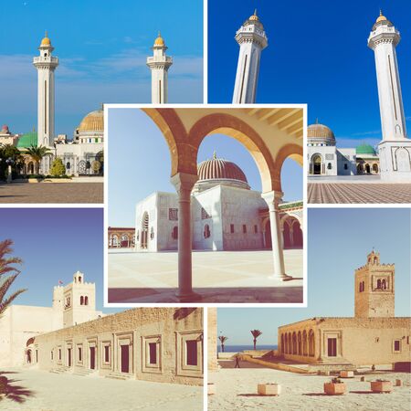 Collage of popular tourist destinations in Tunisia. Travel background.の写真素材