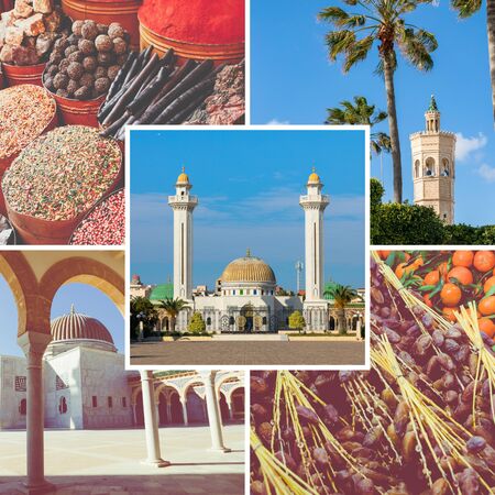 Collage of popular tourist destinations in Tunisia. Travel background.の写真素材