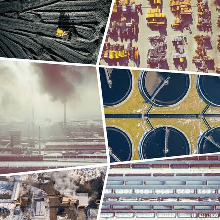 Collage of aerial view on industrial activity and pollution. Concept background. Aerial view.の写真素材