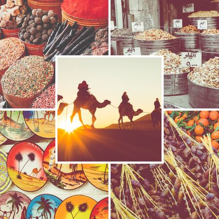 Collage of popular tourist destinations in Morocco. Travel background.の写真素材