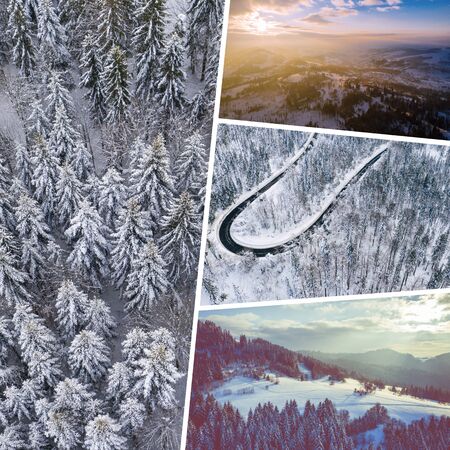 Collage of pictures on the theme of winter. Landscape from above. Travel background.