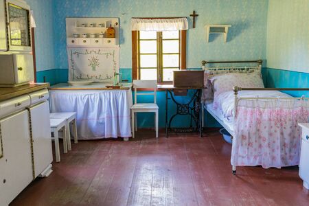 CHORZOW, POLAND - JUNE 27, 2019: Open-air museum in ChorzÃ³w. Interior of wooden cottage in...