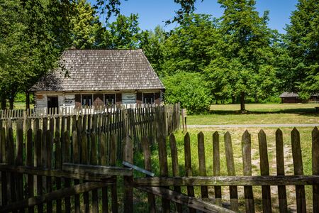 CHORZOW, POLAND - JUNE 27, 2019: Open-air museum in ChorzÃ³w. Wooden cottage in heritage park. Upper Silesian Ethnographic Park in ChorzÃ³w.のeditorial素材