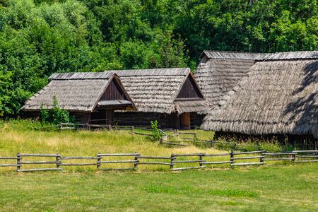 CHORZOW, POLAND - JUNE 27, 2019: Open-air museum in ChorzÃ³w. Wooden cottage in heritage park. Upper Silesian Ethnographic Park in ChorzÃ³w.のeditorial素材