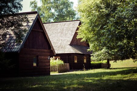 CHORZOW, POLAND - JUNE 27, 2019: Open-air museum in ChorzÃ³w. Wooden cottage in heritage park. Upper Silesian Ethnographic Park in ChorzÃ³w.のeditorial素材