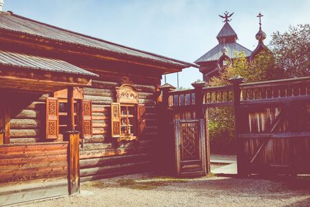 TALTSY,  IRKUTSK REGION, RUSSIA - SEPTEMBER 09, 2019: Traditional Siberian wooden house in the Taltsy Architectural-Ethnographic Museum.のeditorial素材
