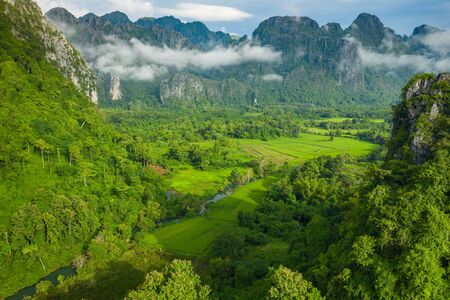 Aerial view of beautiful landscapes at Vang Vieng , Laos. Southeast Asia. Photo made by drone from above. Bird eye view.の写真素材