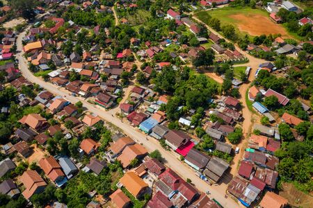 Aerial view of village of Nong Khiaw. North Laos. Southeast Asia. Photo made by drone from above. Bird eye view.の写真素材