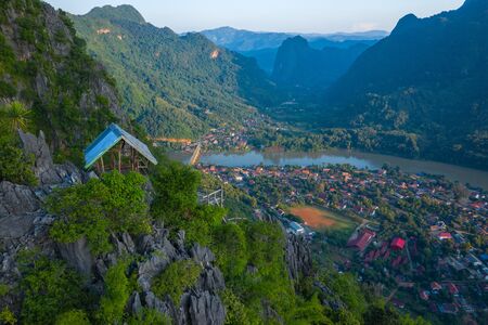 Aerial view of mountains in Nong Khiaw. North Laos. Southeast Asia. Photo made by drone from above. Bird eye view.の写真素材