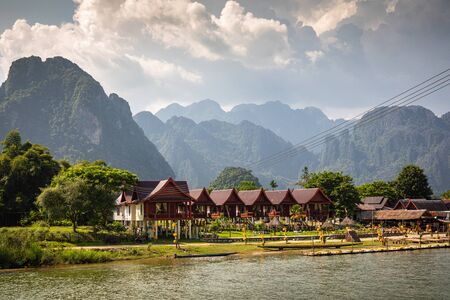 Village and mountain in Vang Vieng, Laosの写真素材