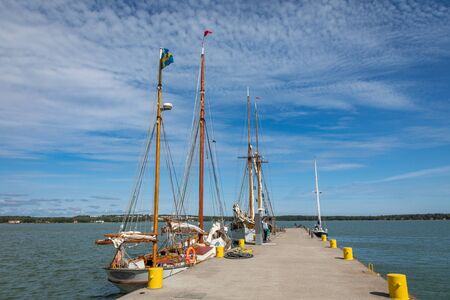 ALAND ISLANDS, MARIEHAMN - FINLAND - AUGUST 06, 2019: Yachts in Marienhamn harbour on Aland islandsのeditorial素材