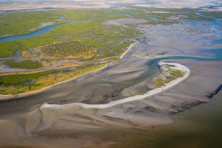 Aerial view of mangrove forest in the  Saloum Delta National Park, Joal Fadiout, Senegal. Photo made by drone from above. Africa Natural Landscape.の写真素材