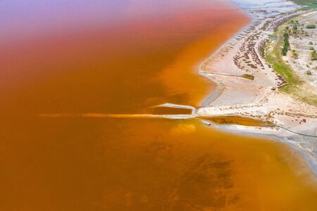 Aerial view of the pink Lake Retba or Lac Rose in Senegal. Photo made by drone from above. Africa Natural Landscape.の写真素材