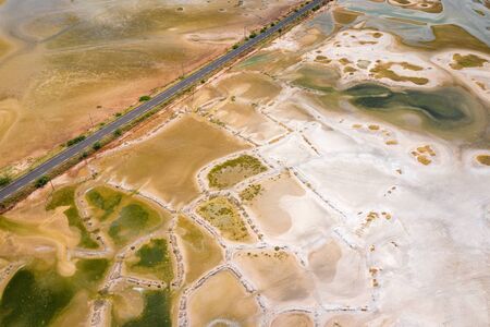 Aerial view of Atlantic coast near Palmarin. Saloum Delta National Park, Joal Fadiout, Senegal. Africa. Photo made by drone from above.の写真素材