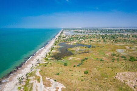 Aerial view of Atlantic coast near Palmarin. Saloum Delta National Park, Joal Fadiout, Senegal....