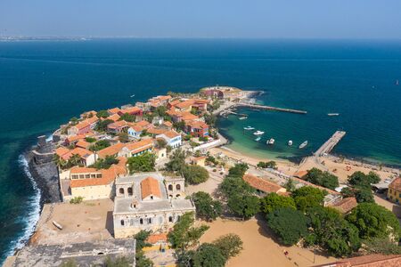 Aerial view of Goree Island. GorÃ©e. Dakar, Senegal. Africa.  made by drone from above.    Site.の写真素材
